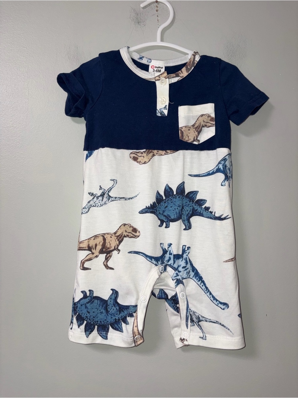 Pat Pat Navy White Dinosaur Romper Boys 3-6M